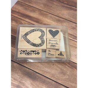 2002 STAMPIN' UP! HEARTS & POSIES WOOD MOUNTED RUBBER STAMP SET OF 6 FRIEND LOVE